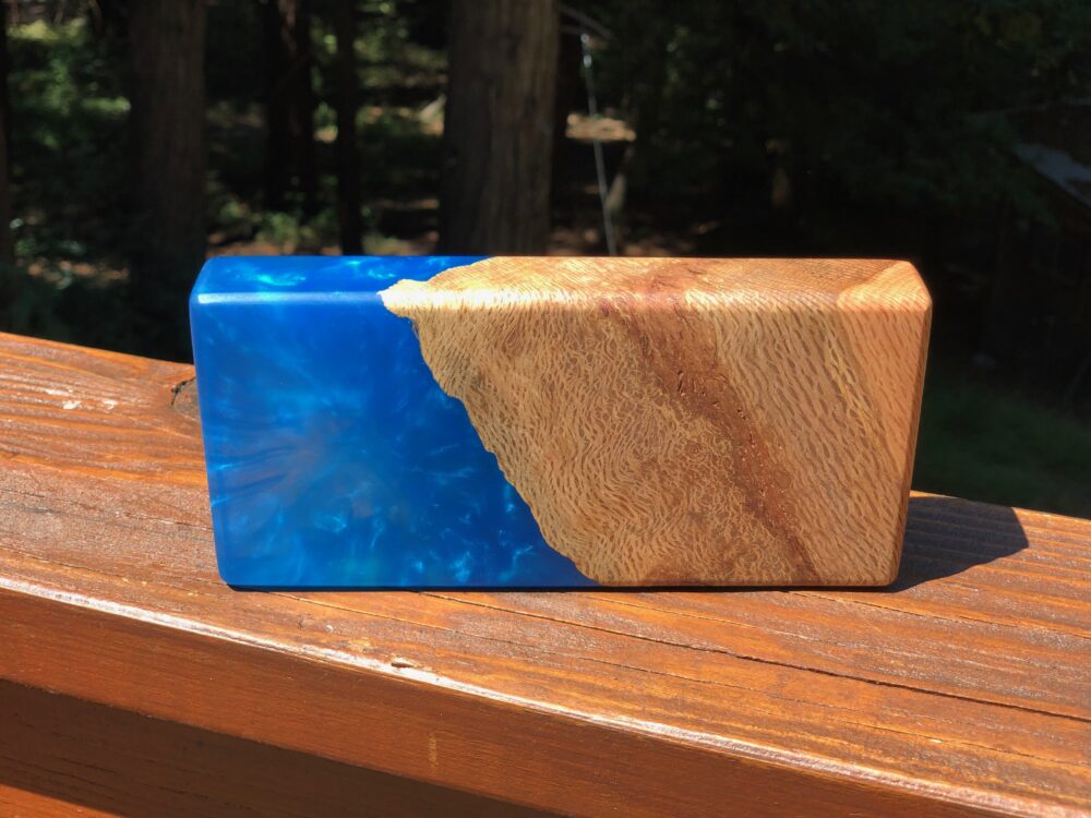 Blue wood art block with epoxy