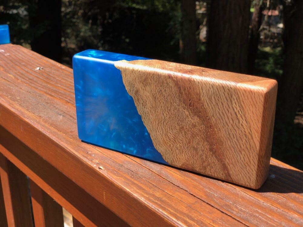 Blue wood art block with epoxy